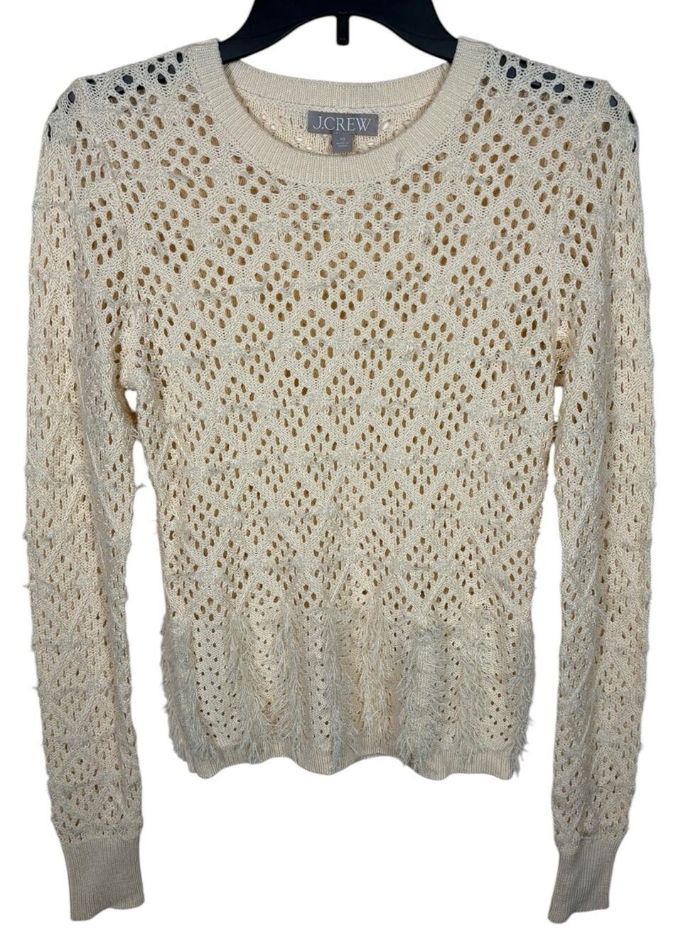 J. Crew Pointelle Crewneck Sweater With‎ Fringe Ivory Loose Knit Women’s Size XS